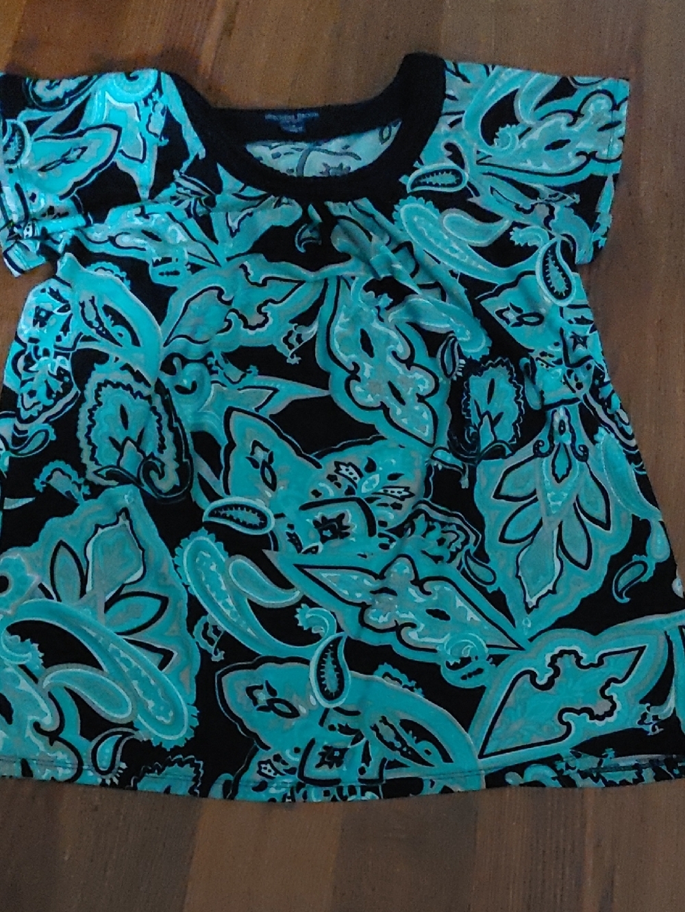 ✅$7 Add On Beechers Brook Black & Teal Paisley Short-Sleeve Top Sz LG